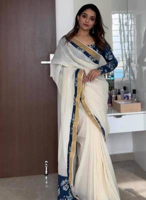 white blue color linen digital printed saree 1