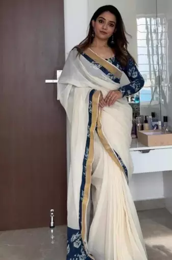 white blue color linen digital printed saree