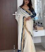 white blue color linen digital printed saree