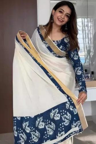 white blue color linen digital printed saree