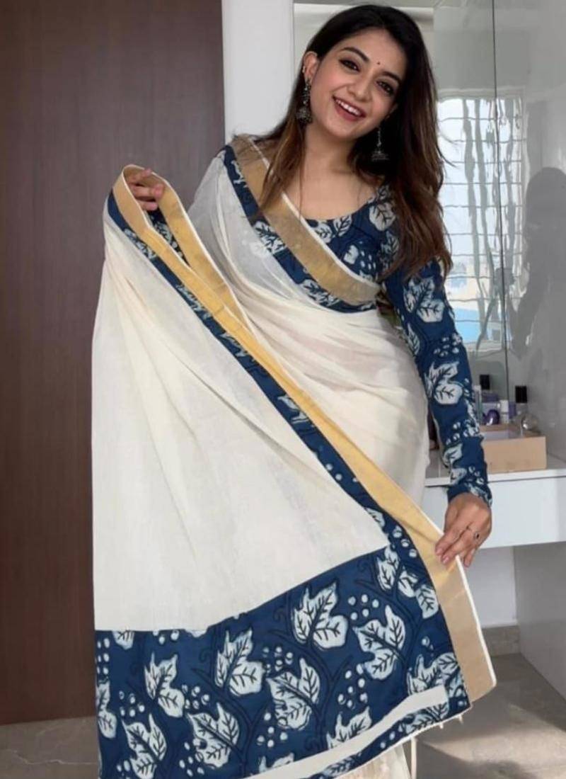 white blue color linen digital printed saree