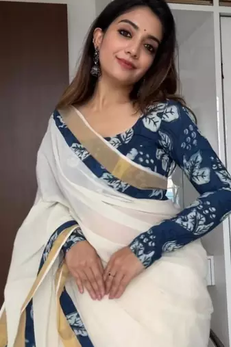 white blue color linen digital printed saree