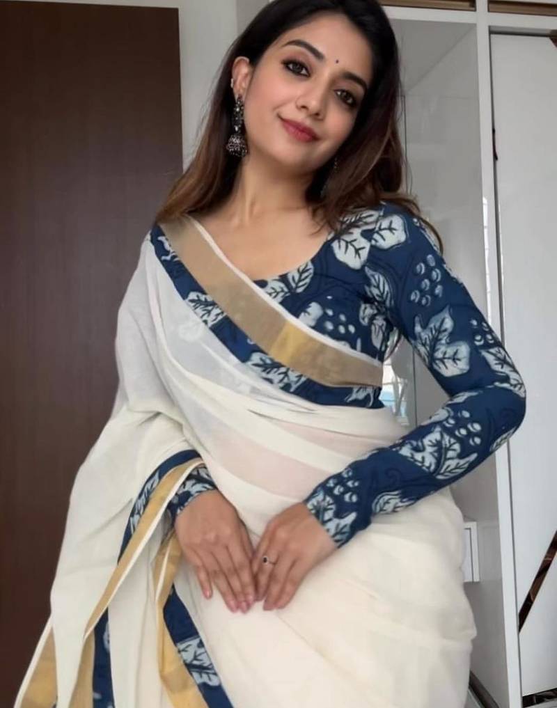 white blue color linen digital printed saree