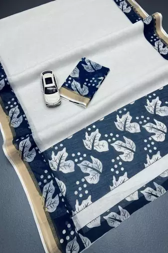white blue color linen digital printed saree