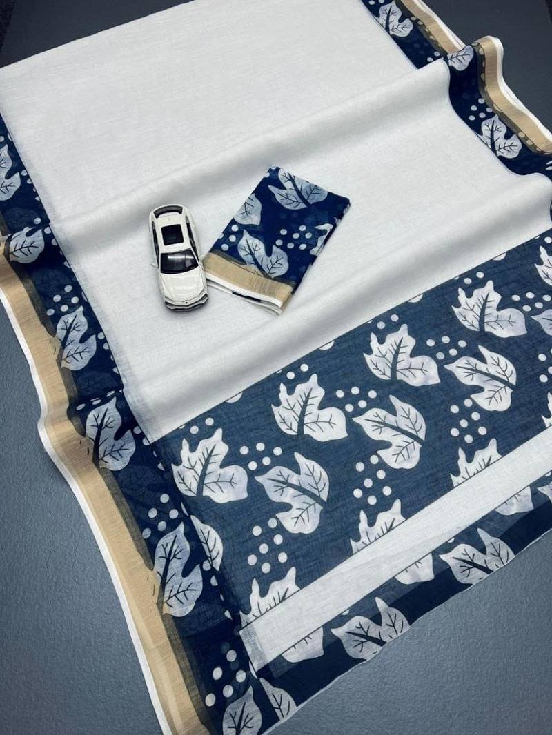 white blue color linen digital printed saree