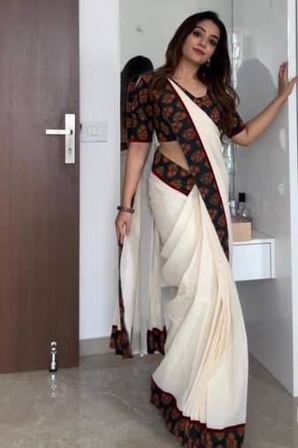 white black color linen digital printed saree
