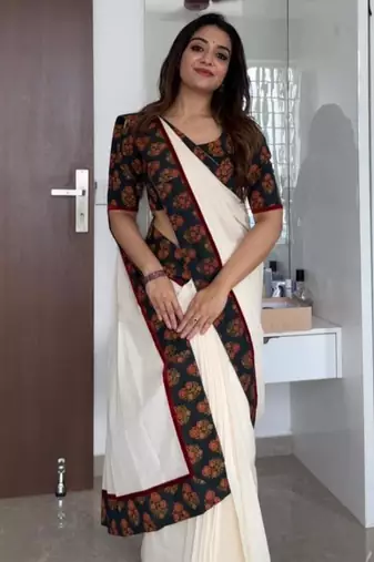 white black color linen digital printed saree