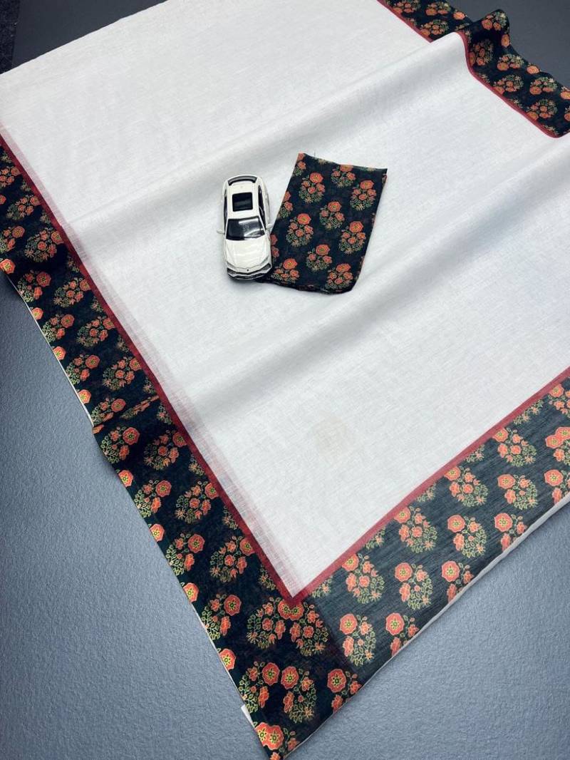 white black color linen digital printed saree