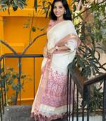white pink color linen digital printed saree