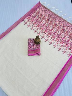 white pink color linen digital printed saree 4