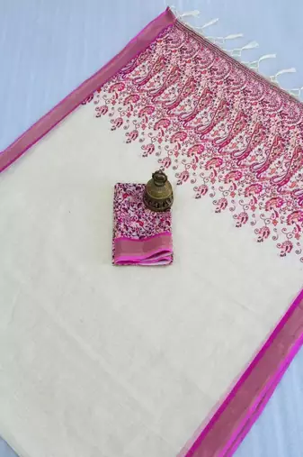 white pink color linen digital printed saree