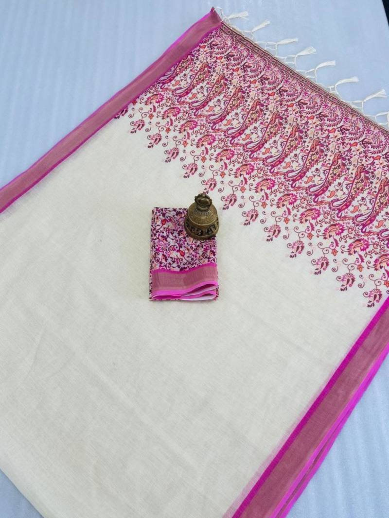 white pink color linen digital printed saree