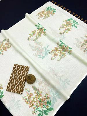 white multi color linen digital printed saree 1