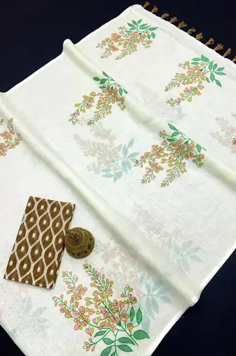 white multi color linen digital printed saree