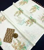 white multi color linen digital printed saree