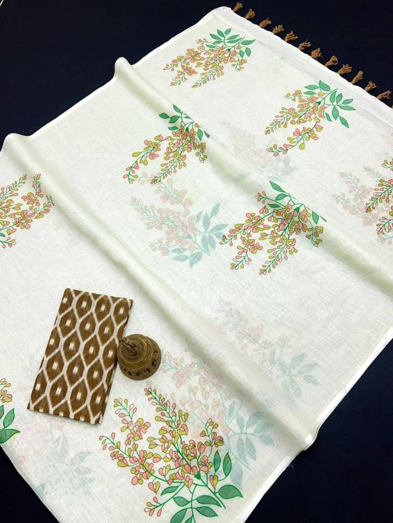 white multi color linen digital printed saree