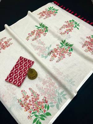 white maroon color linen digital printed saree 1