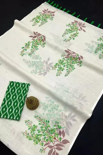 white green color linen digital printed saree