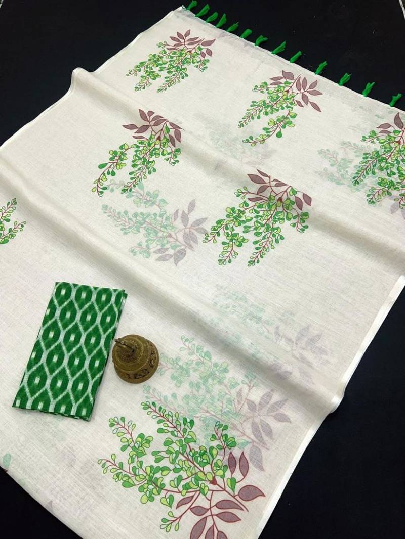 white green color linen digital printed saree