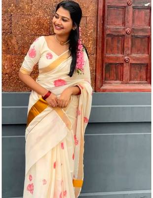light chiku  pink color linen zari kerela border sarees 1