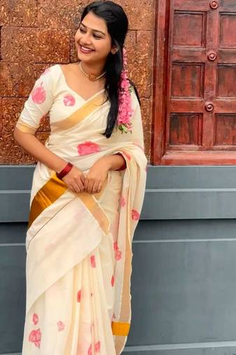 light chiku  pink color linen zari kerela border sarees