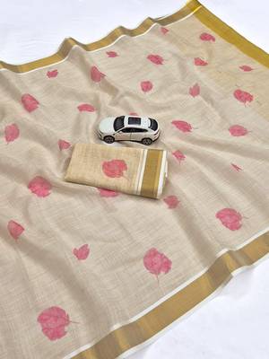 light chiku  pink color linen zari kerela border sarees 2