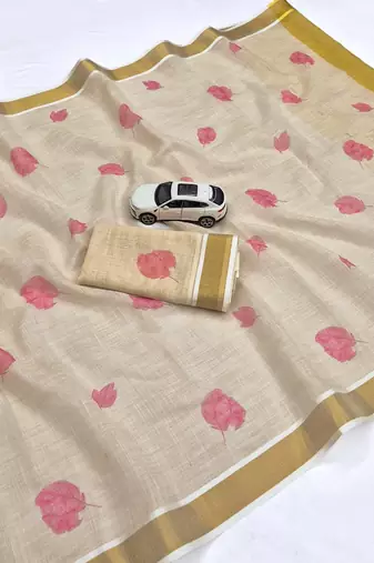 light chiku  pink color linen zari kerela border sarees