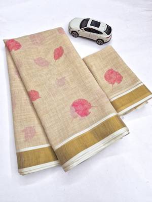 light chiku  pink color linen zari kerela border sarees 3