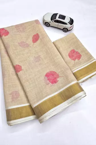 light chiku  pink color linen zari kerela border sarees