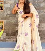 light chiku  purple color linen zari kerela border sarees