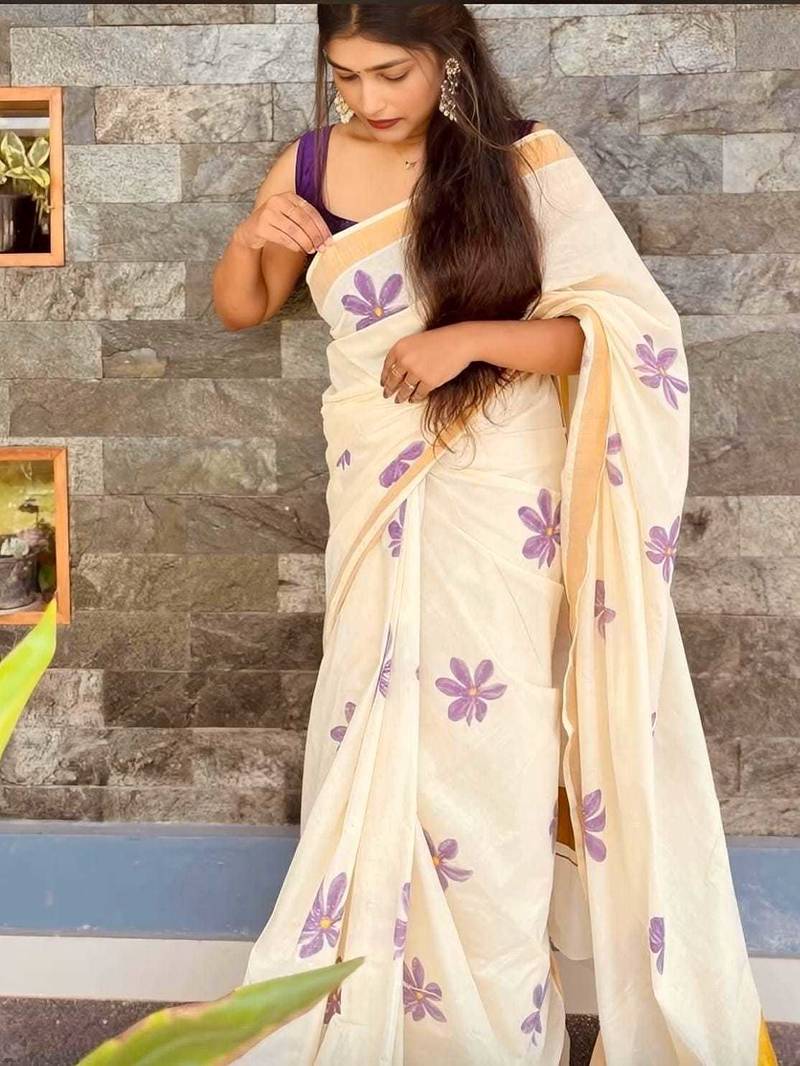 light chiku  purple color linen zari kerela border sarees