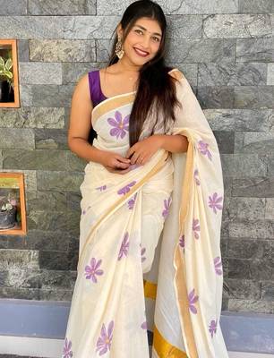 light chiku  purple color linen zari kerela border sarees 2