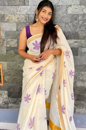light chiku  purple color linen zari kerela border sarees