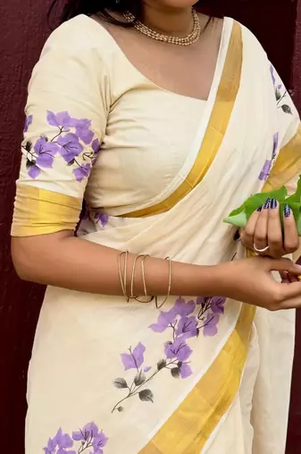 light chiku  purple color linen zari kerela border sarees