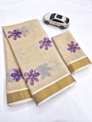 light chiku  purple color linen zari kerela border sarees 4
