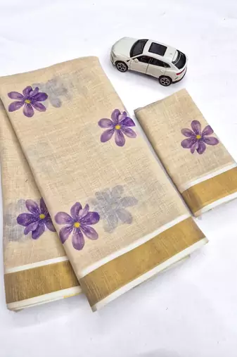 light chiku  purple color linen zari kerela border sarees