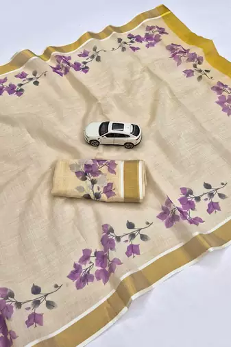 light chiku  purple color linen zari kerela border sarees