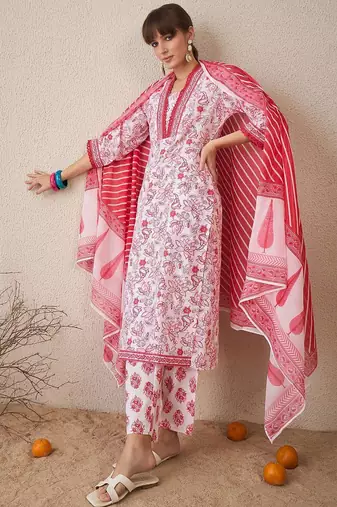 Women Floral Printed Regular Pure Cotton Kurta with Trousers & With Dupatta