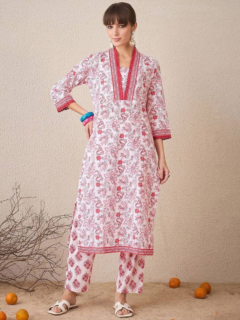 Women Floral Printed Regular Pure Cotton Kurta with Trousers & With Dupatta