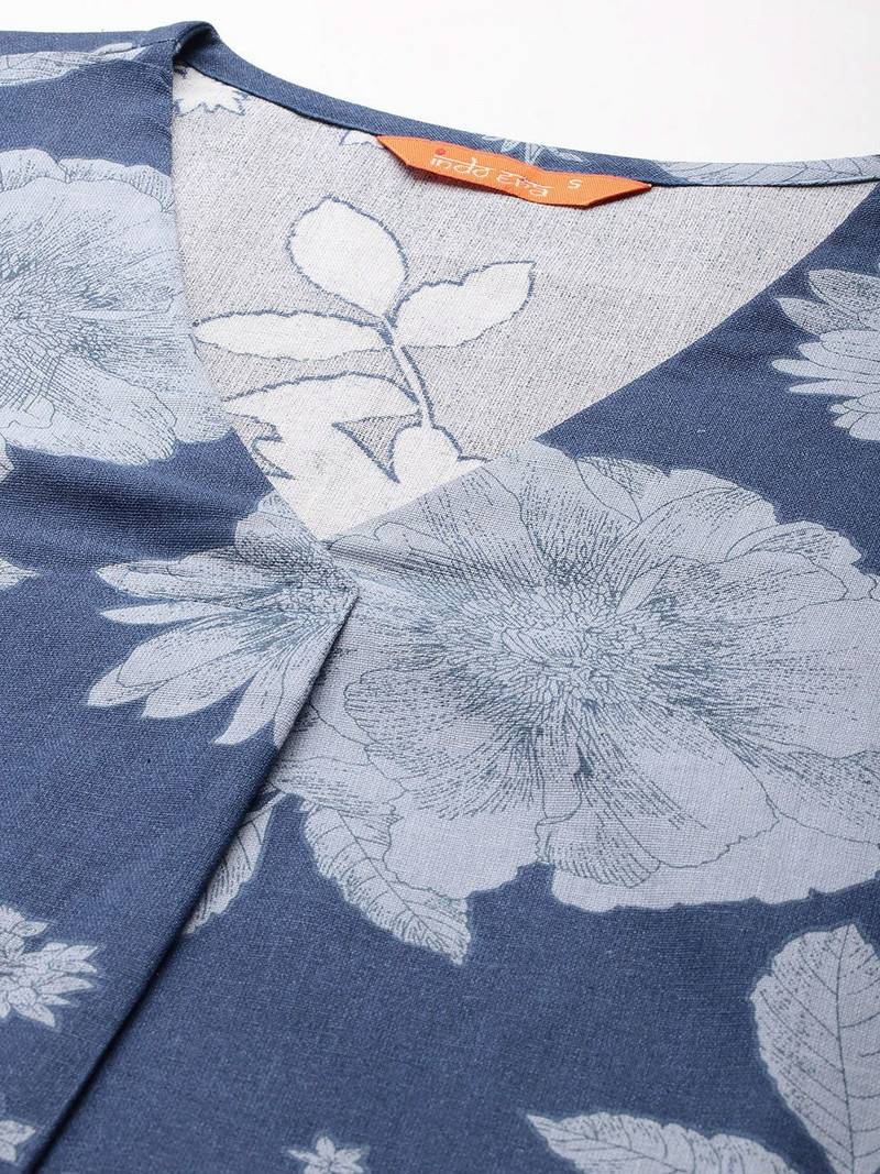 V-Neck Floral Printed Pleat Detailed Kurta with Trousers