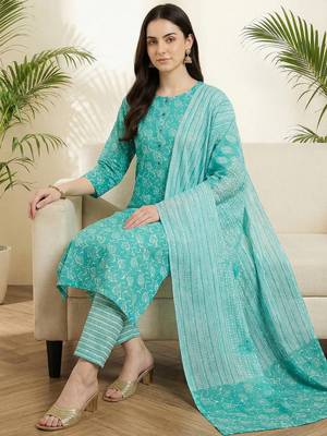 Women Floral Printed Regular Pure Cotton Kurta with Trousers & With Dupatta 1