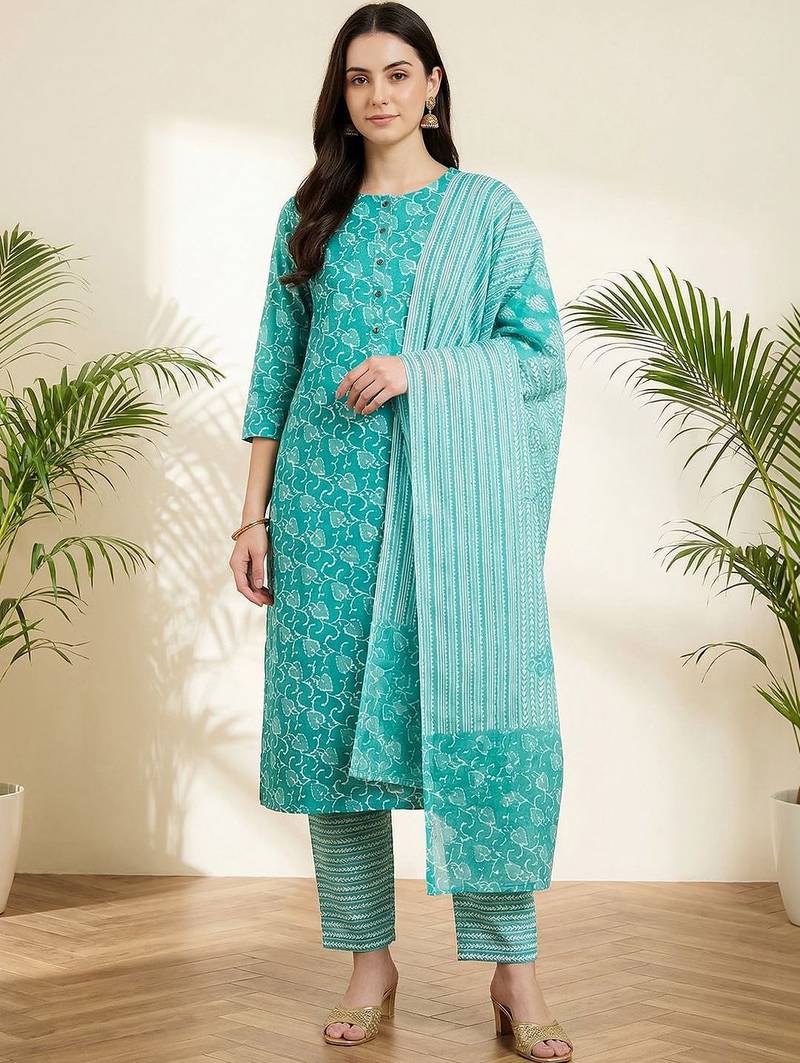 Women Floral Printed Regular Pure Cotton Kurta with Trousers & With Dupatta