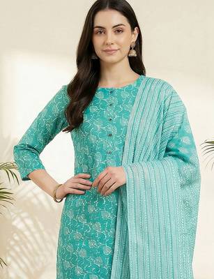 Women Floral Printed Regular Pure Cotton Kurta with Trousers & With Dupatta 3