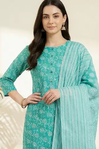 Women Floral Printed Regular Pure Cotton Kurta with Trousers & With Dupatta