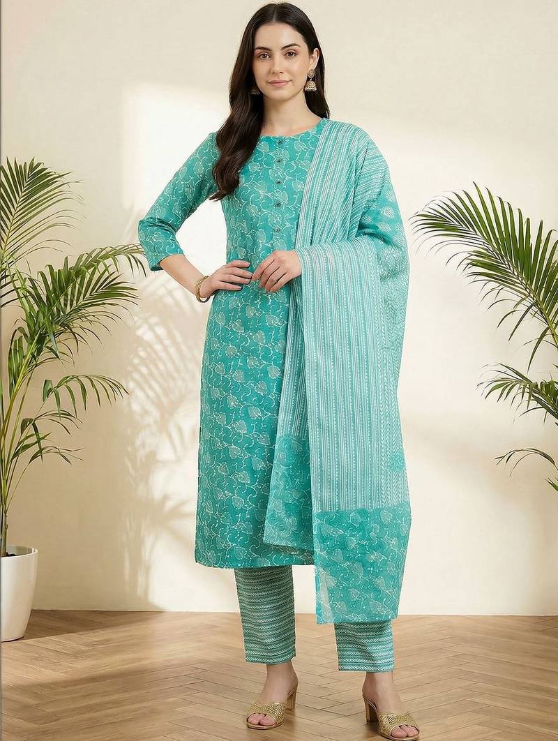 Women Floral Printed Regular Pure Cotton Kurta with Trousers & With Dupatta