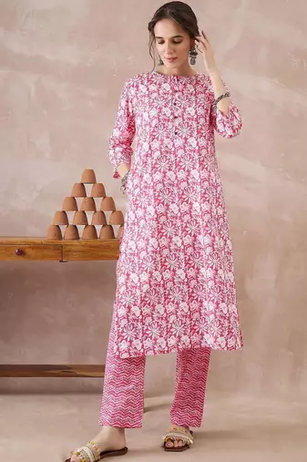 Women Floral Printed Regular Pure Cotton Kurta with Trousers & With Dupatta