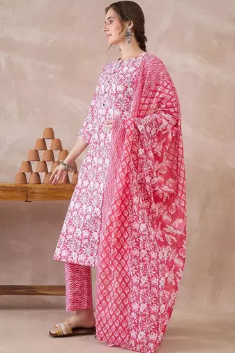 Women Floral Printed Regular Pure Cotton Kurta with Trousers & With Dupatta