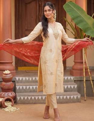 Women Ethnic Motifs Embroidered Regular Thread Work Kurta with Trousers & With Dupatta 1