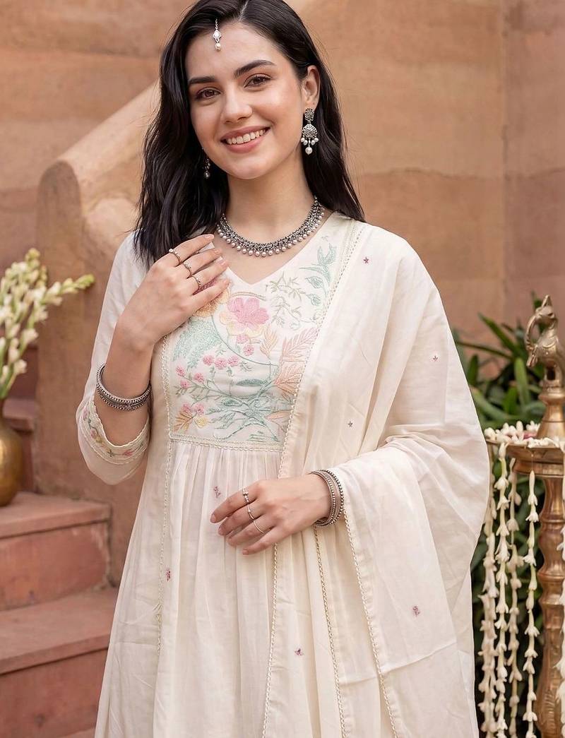 Women Floral Embroidered Empire Thread Work Pure Cotton Kurta with Trousers & With Dupatta