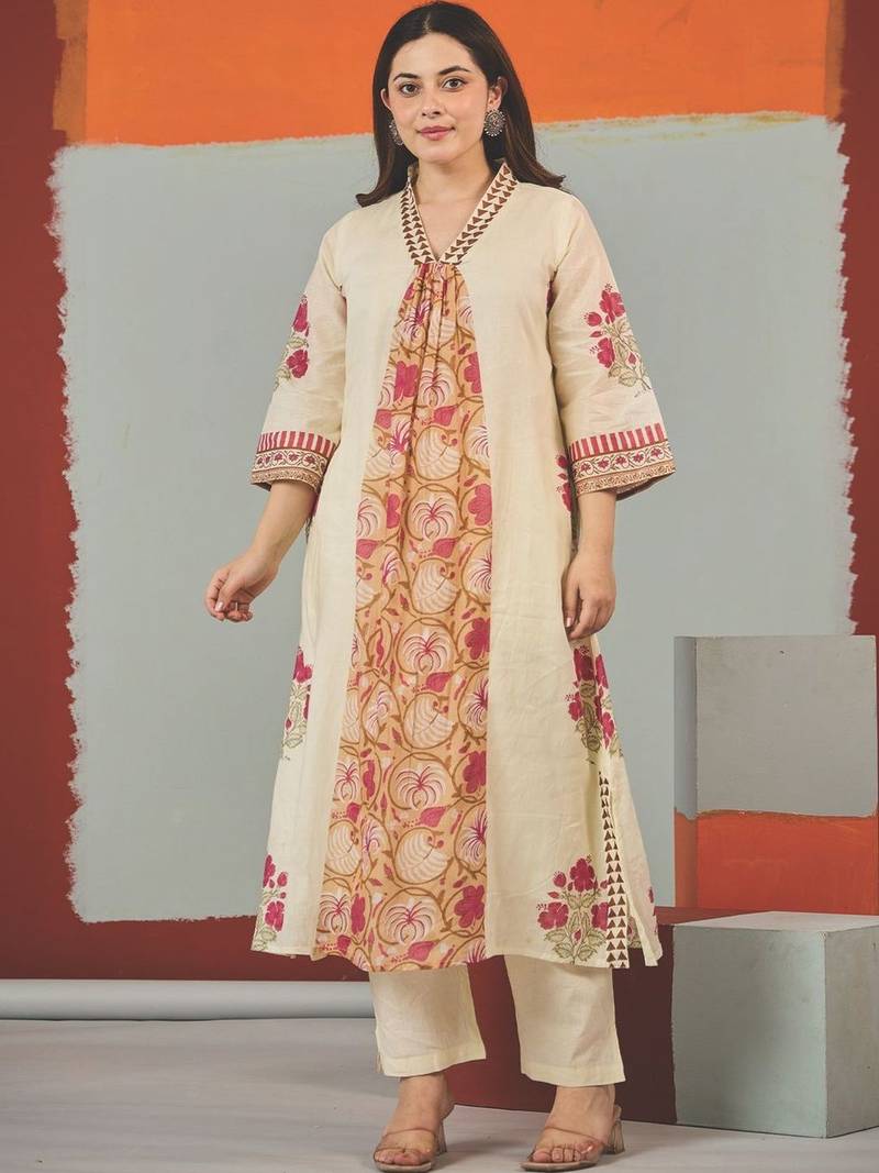 Women Floral Printed Regular Pure Cotton Kurta with Trousers